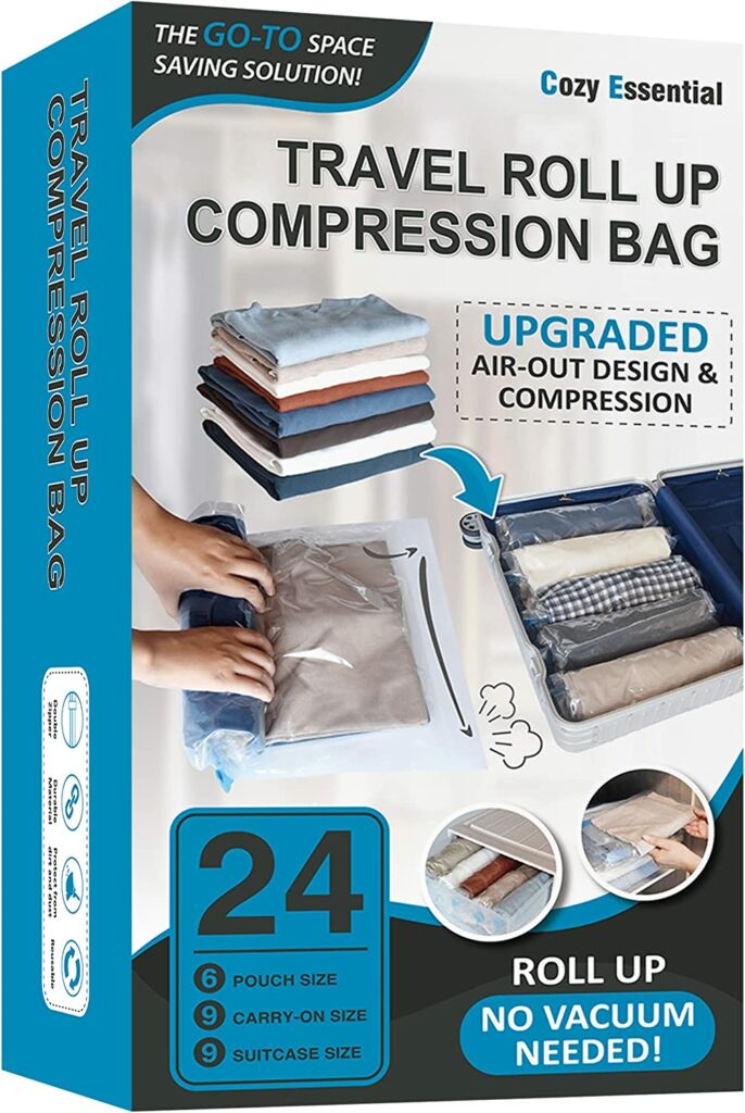 24 Travel Compression Bags Vacuum Packing, Roll Up Travel Space Saver Bags for Luggage, Cruise Ship Essentials (9 Large Roll/9 Medium Roll/6 Small Roll)