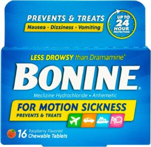 Non-Drowsy Bonine for Motion Sickness Relief, Sea Sickness, Car Sickness, Nausea and Vomiting, with Meclizine Hcl 25mg, Raspberry, Travel-Sized 16ct (Packaging may vary)