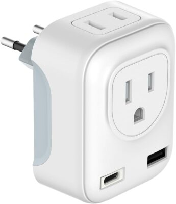 European Travel Plug Adapter with 1 USB,Type C,2 American Outlets International Power Adaptor for EU Italy Spain France Germany Greece Israel