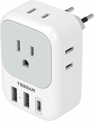 European Travel Plug Adapter USB C, TESSAN International Plug Adapter with 4 AC Outlets and 3 USB Ports, Type C Power Adaptor Charger for US to Most of Europe Iceland Spain Italy France Germany