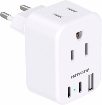 European Travel Plug Adapter, US to Europe Plug Adapter, International Itly Travel Plug Adapter with 2 Outlets 3 USB Ports(2 USB C), Type C Power Adapter to Italy Spain France Portugal Iceland Germany