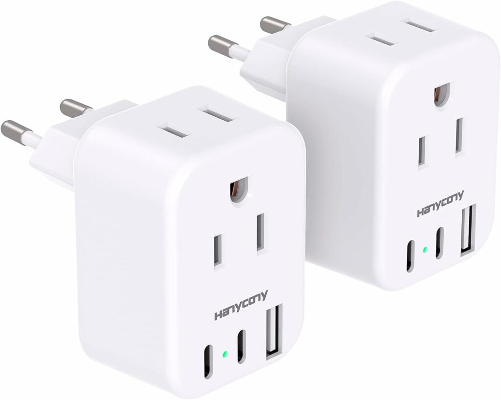 European Travel Plug Adapter for International, Italy Spain Power Adapter, 2 Outlets 2 USB C Ports, Type C Adapter Travel Cruise Essentials for Amercian US to Most Europe France Germany EU, 2 Pack