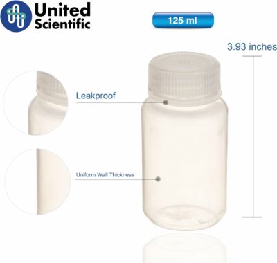 United Scientific™ 33307 | Laboratory Grade Polypropylene Wide Mouth Reagent Bottle | Designed for Laboratories, Classrooms, or Storage at Home | 125mL (4oz) Capacity | Pack of 12, Clear 