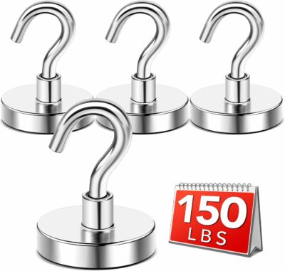 DIYMAG 4 Packs Magnetic Hooks,150 lb Heavy Duty Neodymium Magnets with Hooks for Refrigerator, Strong Cruise Hooks for Hanging, Magnetic Hanger for Grill 