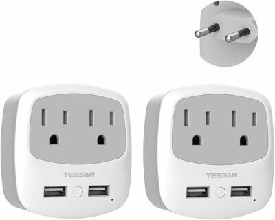 TESSAN European Travel Plug Adapter 2 Pack, US to Europe Power Adaptor with 2 USB 2 AC Outlets, International Charger Converter USA to Most of EU Italy Iceland Spain France Greece Germany (Type C) 