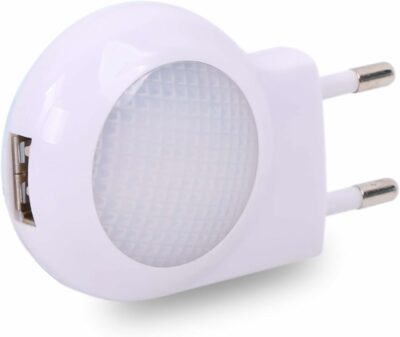 EU 2-pin Plug - Portable Plug-in 0.7W Travel LED Night Light with USB Wall Charger - 2 Pack of White