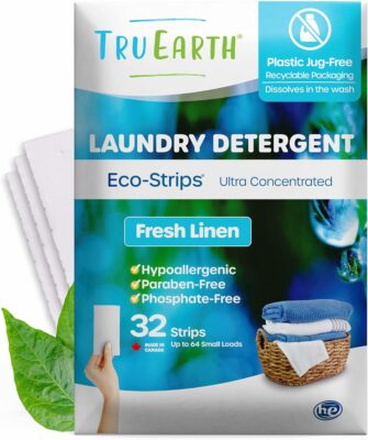 Tru Earth Compact Dry Laundry Detergent Sheets - Up to 64 Loads (32 Sheets) - Paraben-Free - Original Eco-Strip Liquidless Laundry Detergent, Travel Laundry Sheets - Fresh Linen