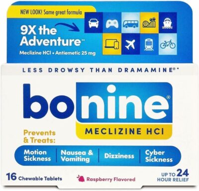 Non-Drowsy Bonine for Motion Sickness Relief, Sea Sickness, Car Sickness, Nausea, & Vomiting - Meclizine HCI 25mg, Travel-Sized - 16ct Raspberry Chewable Tablets (Packaging May Vary)
