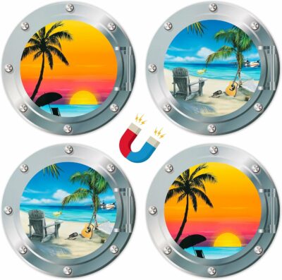 JAPBOR 4pcs Cruise Door Magnets, Summer Refrigerator Car Magnet, Beach Palm Tree Magnetic Decals, Ocean Hawaii Vacation Nature Scenery Fridge Stickers for Home Kitchen Door Cabinet Decor (9.8 Inch) 