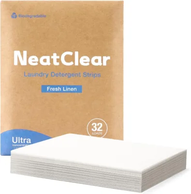 Eco-friendly Laundry Detergent Sheets, Travel Size Liquidless Soap Sheets NeatClear | No Mess & Space-Saving, Great For Travel, Apartments, Dorms | Fresh Linen Scent 32 Laundry Strips (32 Loads)