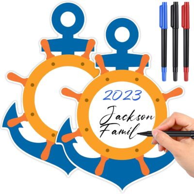 Sabary 2 Pcs Cruise Door Magnets for Cruise Ship Door Decorations Magnetic with 3 Pcs Paint Pens Anchor Steering Wheel Car Magnets Lifebuoy Bowtie Decorations for Carnival (Anchor Style)
