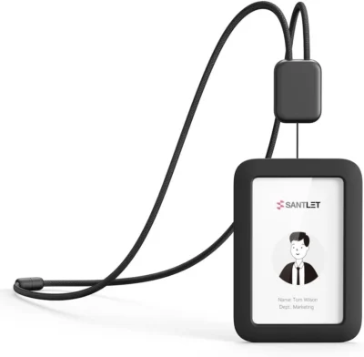 Lanyards for ID Badges Holder, SANTLET Silicone ID Badge Holder Name Card Case Protector with Retractable Cord, Safety Breakaway Buckle, 2 Card Slots for Office Staff Teachers Employees Cruising Black 
