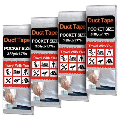 4 Pack 1.77 in x 10 ft Travel Duct Tape Mini Pocket Size Flat Roll Flexible Heavy Duty Waterproof Tear by Hand for Repair Outdoor Emergency Gear EDC DIY Craft Camping Hiking (Silver) 